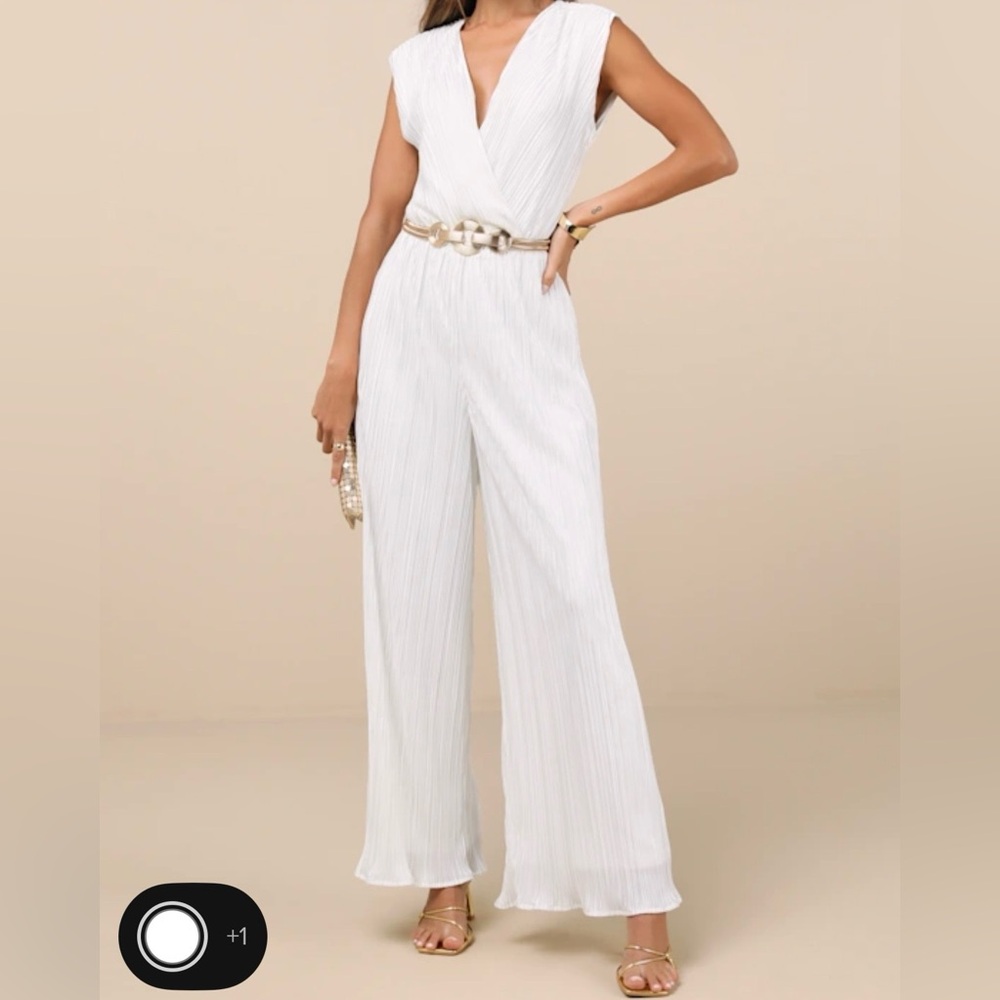 Lulu’s Firenze White Plisse Surplice Sleeveless Wide-leg Jumpsuit